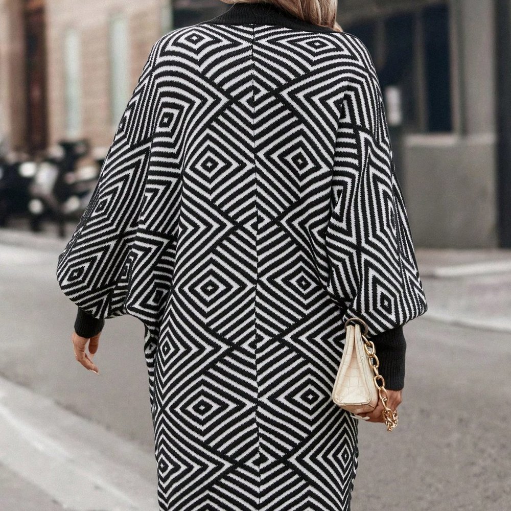 Black Casual Womens Geo Pattern Lantern Sleeve Duster Cardigan - Picture 2 of 6